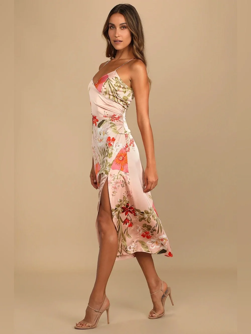 Lulu's Pink Floral Satin Midi Slip Dress with Side Slit